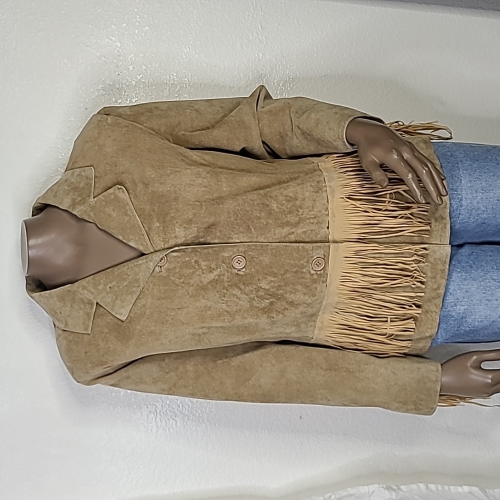 Western Jacket Blazer Size XL Tan Suede Leather Upcycled Fringe Cowgirl Trend